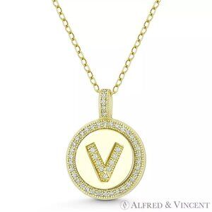 Initial Letter "V" CZ Crystal Pave Pendant in .925 Sterling Silver w/ 14k YG